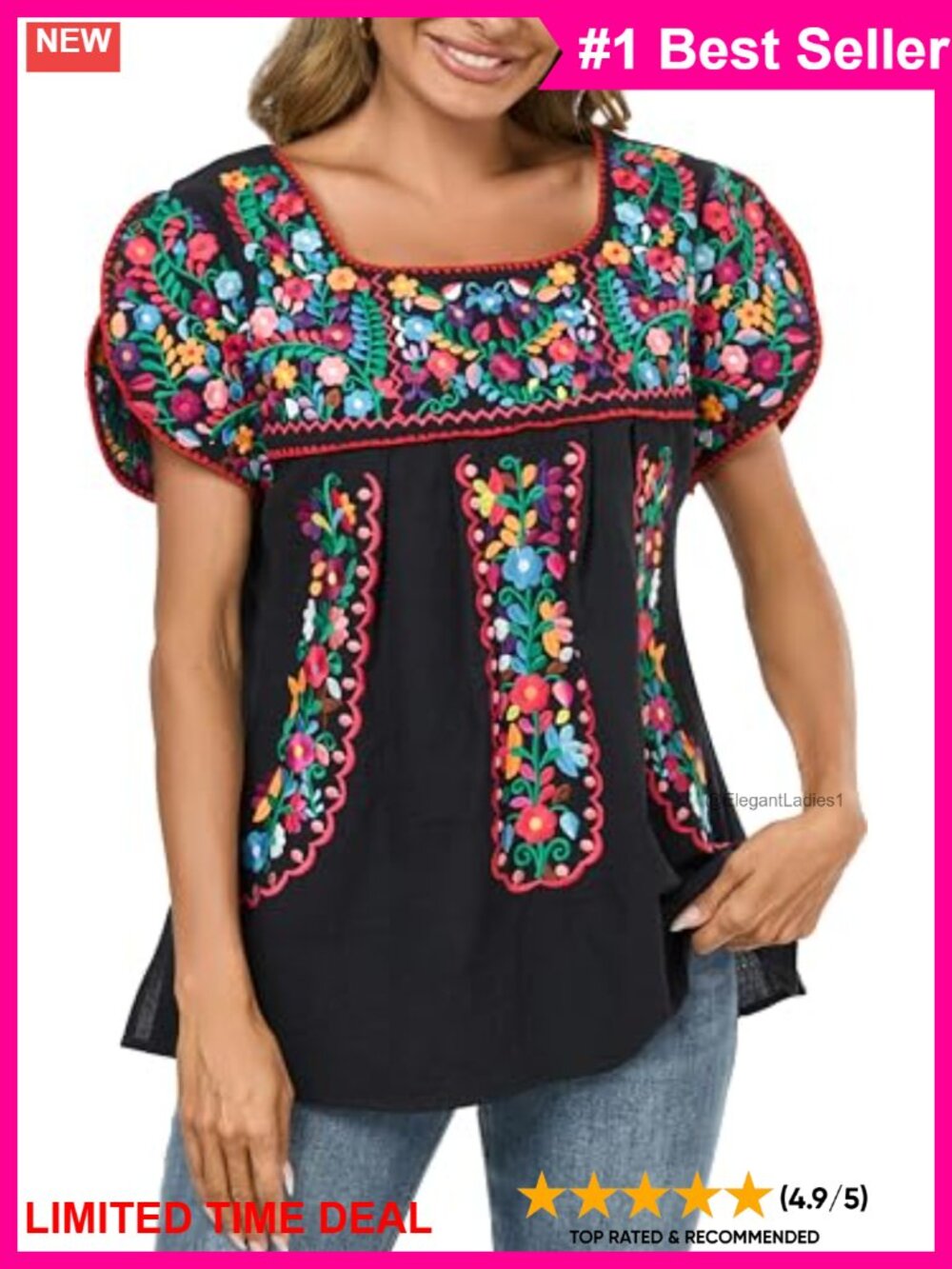 Mexican Embroidered Peasant Blouse Cotton Tunic Summer Boho Top